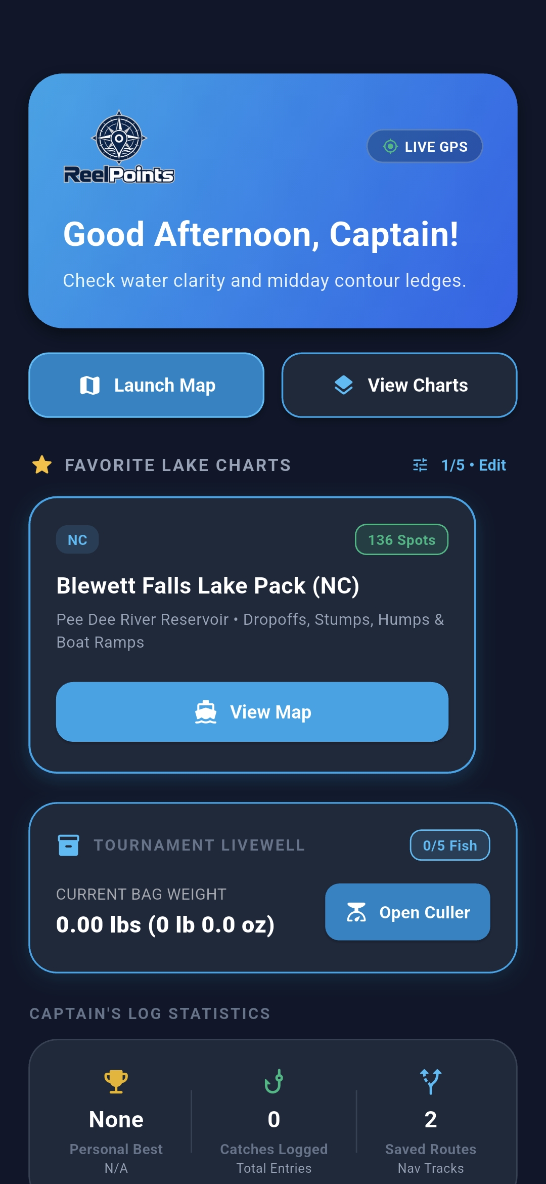 Authentic ReelPoints mobile dashboard showing live GPS, lake charts, tournament livewell, and captain log statistics