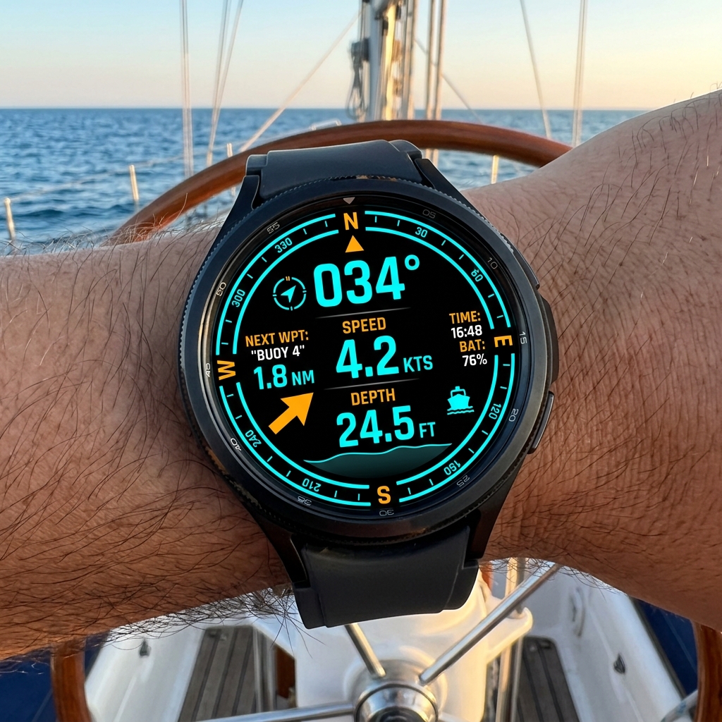 Smartwatch on an angler's wrist aboard a boat
